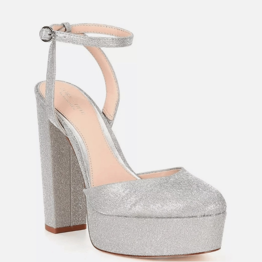 Born Fifth for Antonio Melani Silver Glitter Platform Block Heel NWOT